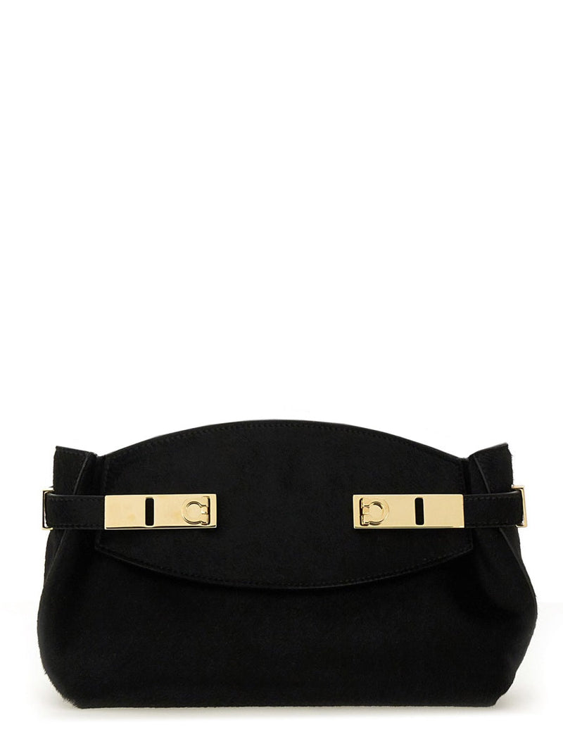 Ferragamo Hug Clutch — Black Short Hair Calf