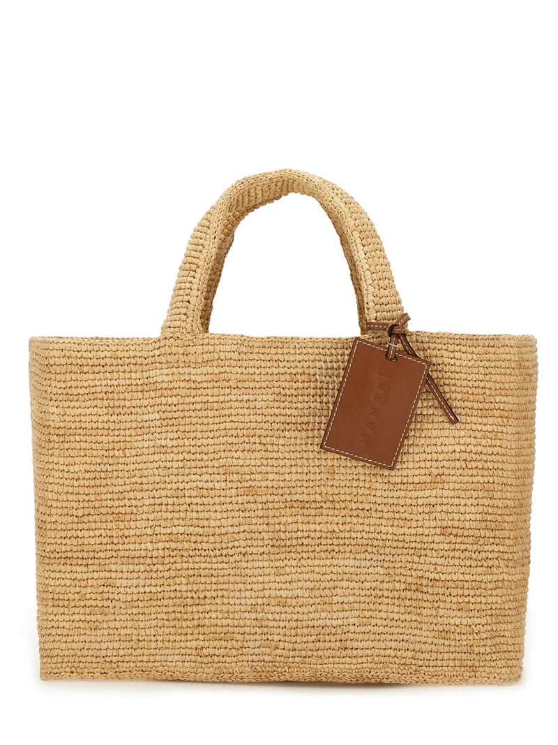 Manebi Sunset Shoulder Bag — Beige Raffia; Leather Details