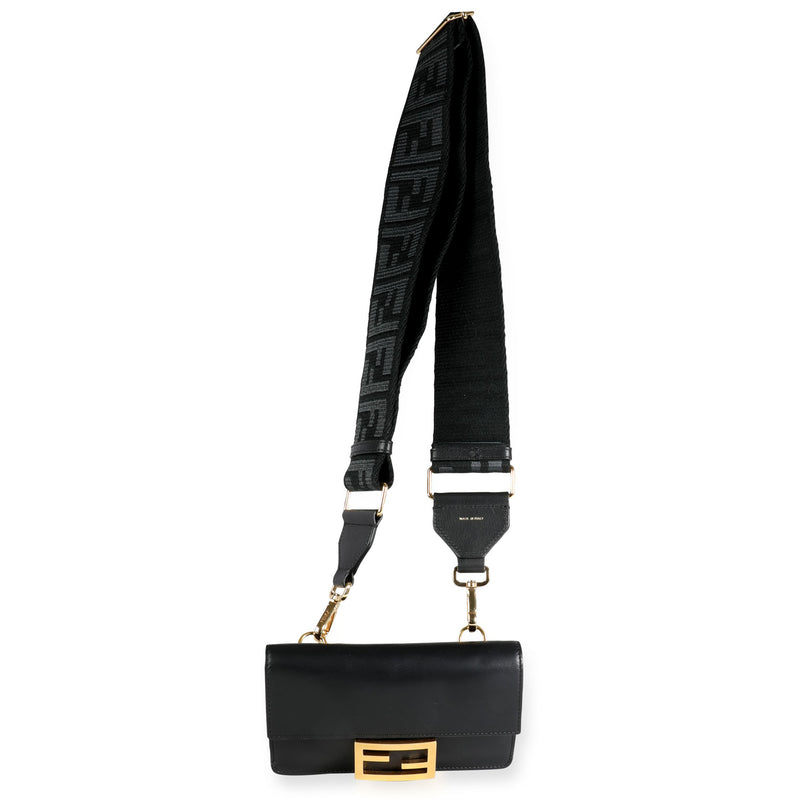 Fendi Black Calfskin Mini Flat Baguette With Strap Leather Handbag
