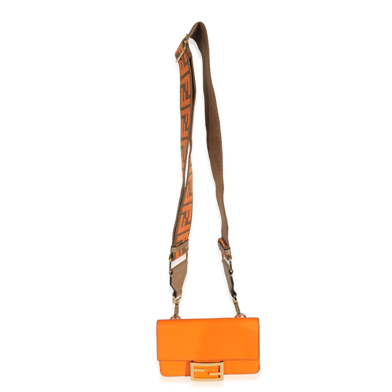 Fendi Orange Calfskin Mini Flat Baguette With Brown Strap You Leather Handbag