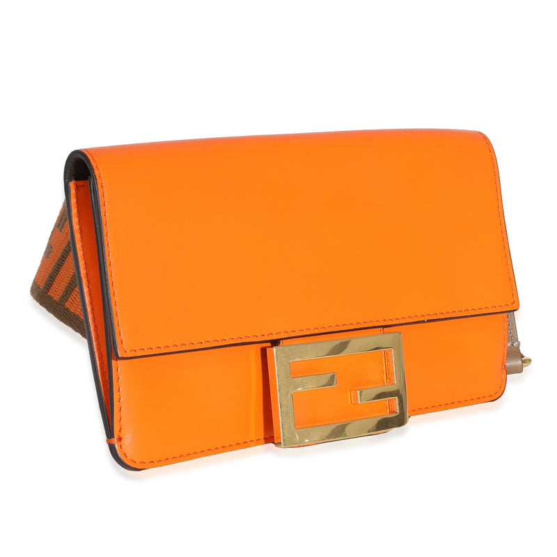 Fendi Orange Calfskin Mini Flat Baguette With Brown Strap You Leather Handbag