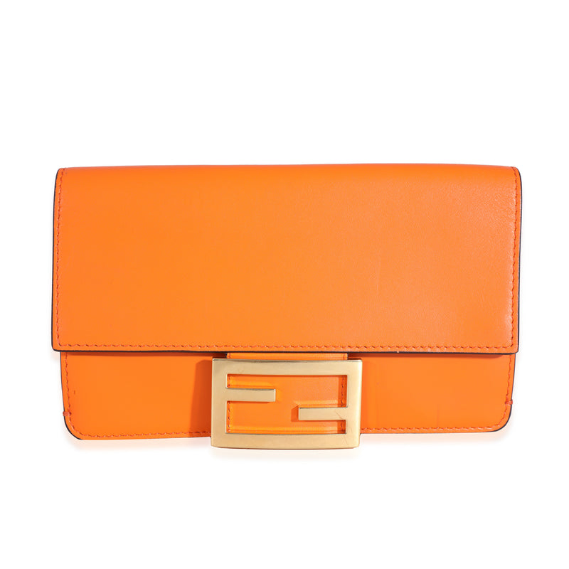 Fendi Orange Calfskin Mini Flat Baguette With Brown Strap You Leather Handbag