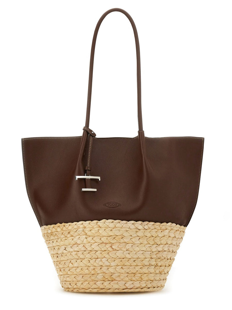 Tods Calfskin And Raffia Shoulder Bag — Brown