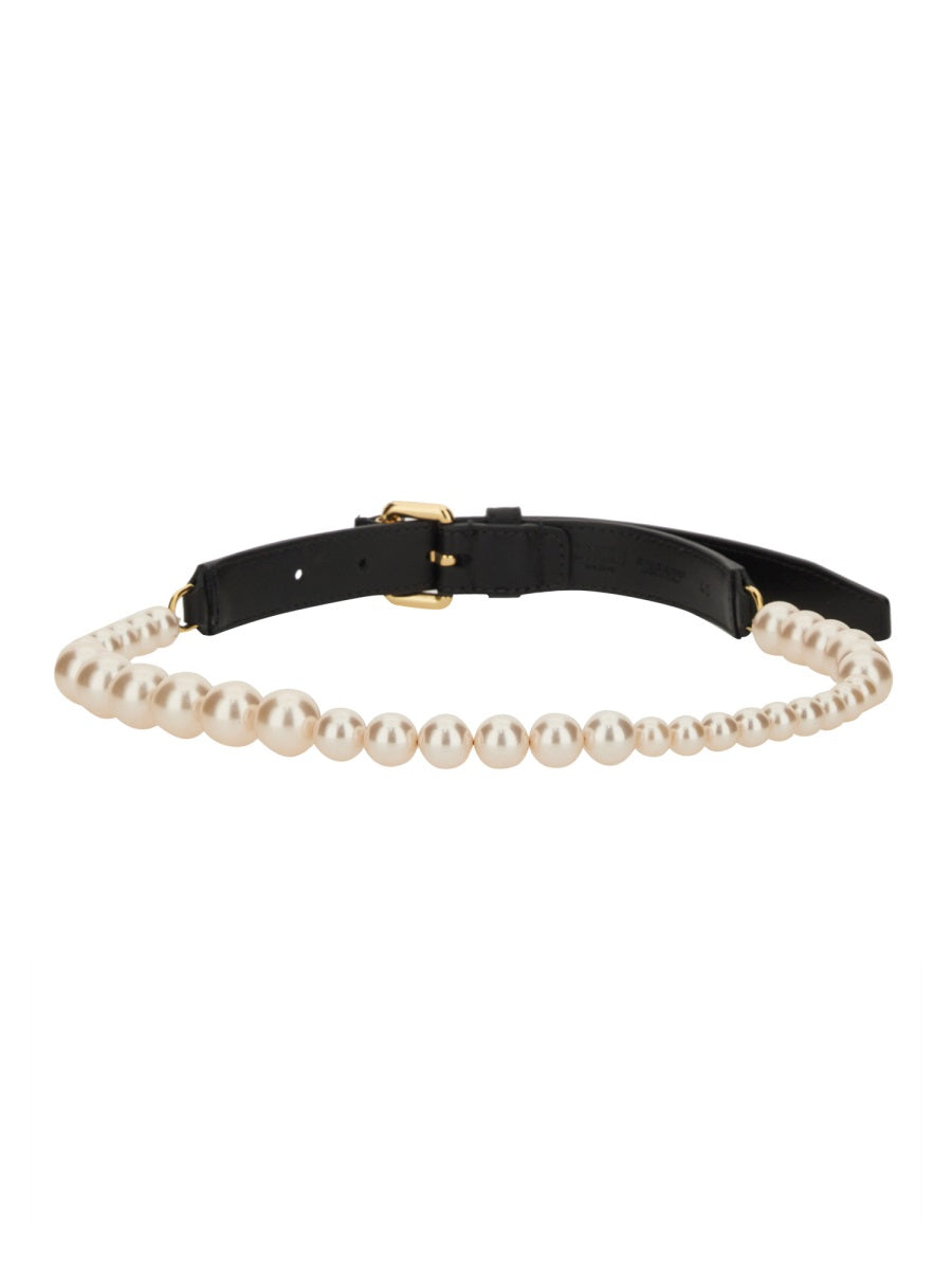 Moschino Pearl-Embellished Belt — Black Polyamide