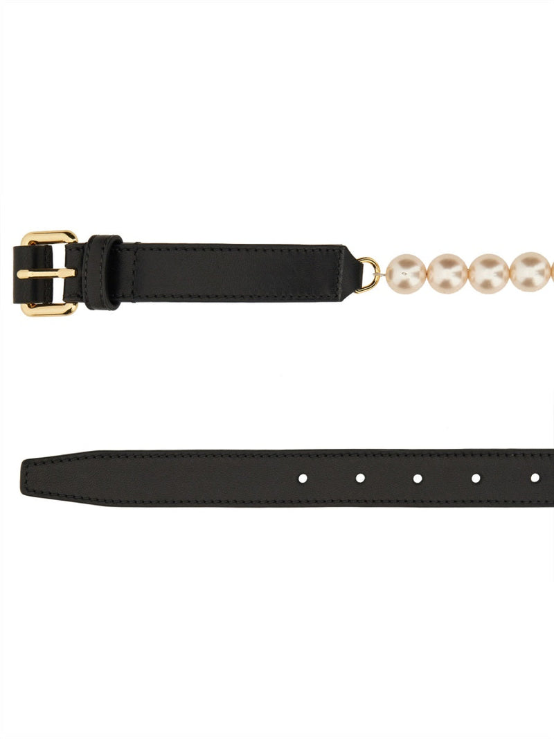 Moschino Pearl-Embellished Belt — Black Polyamide