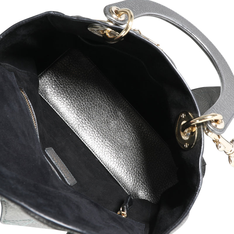 Christian Dior Metallic Silver Supple Cannage Leather Medium Lady Tote Green Handbag