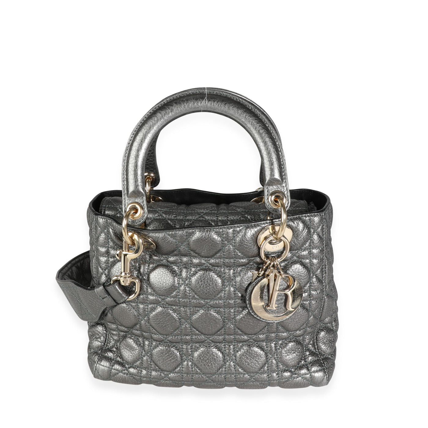 Christian Dior Metallic Silver Supple Cannage Leather Medium Lady Tote Green Handbag