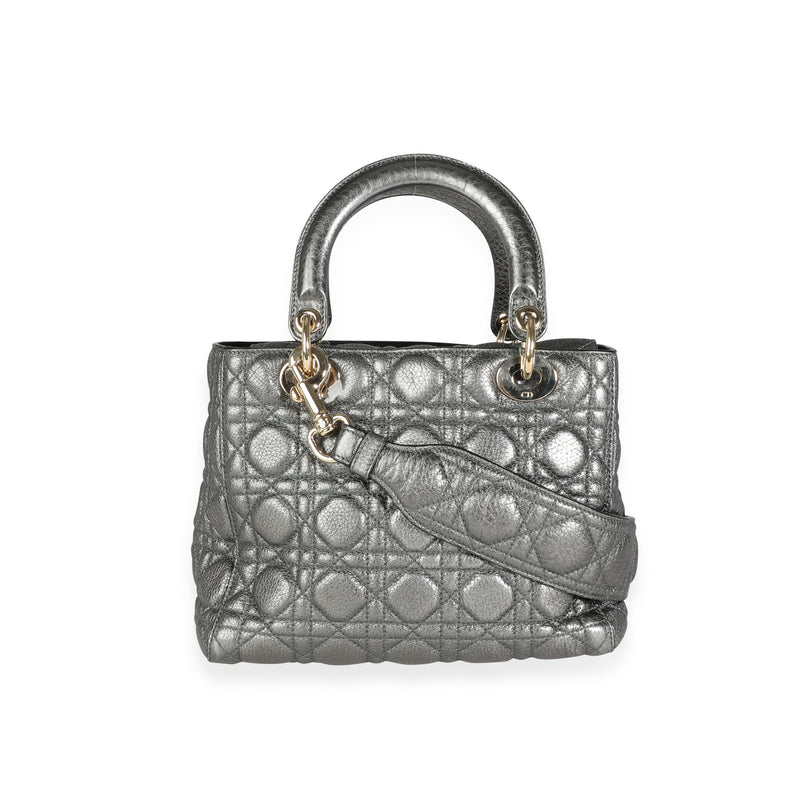 Christian Dior Metallic Silver Supple Cannage Leather Medium Lady Tote Green Handbag