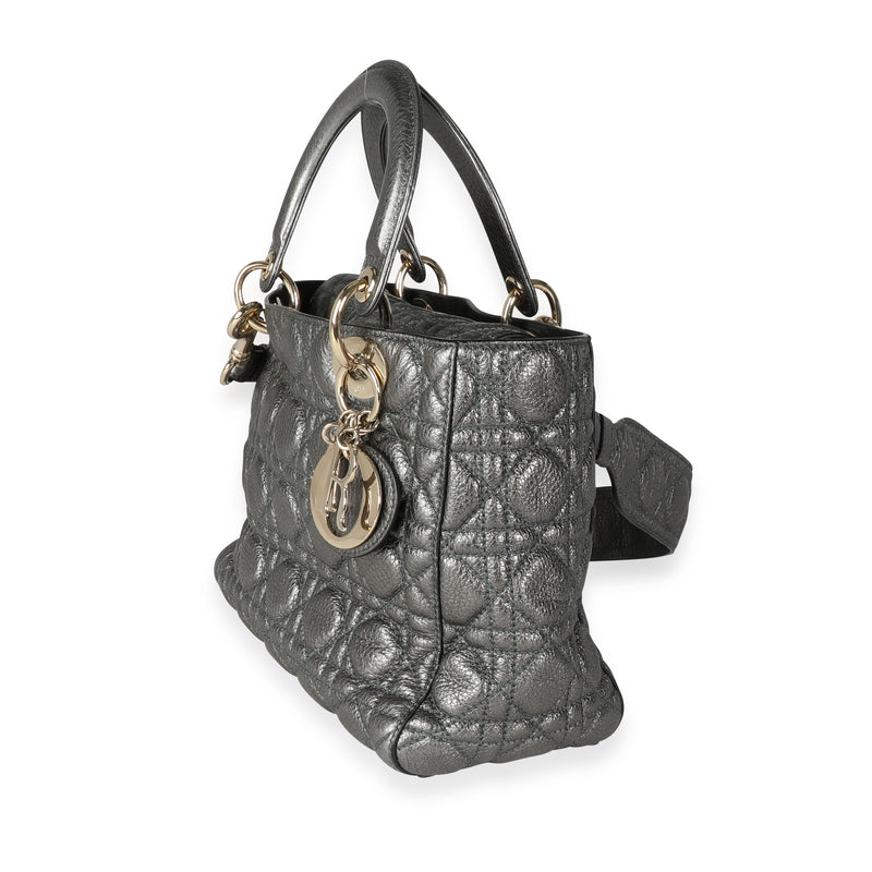Christian Dior Metallic Silver Supple Cannage Leather Medium Lady Tote Green Handbag