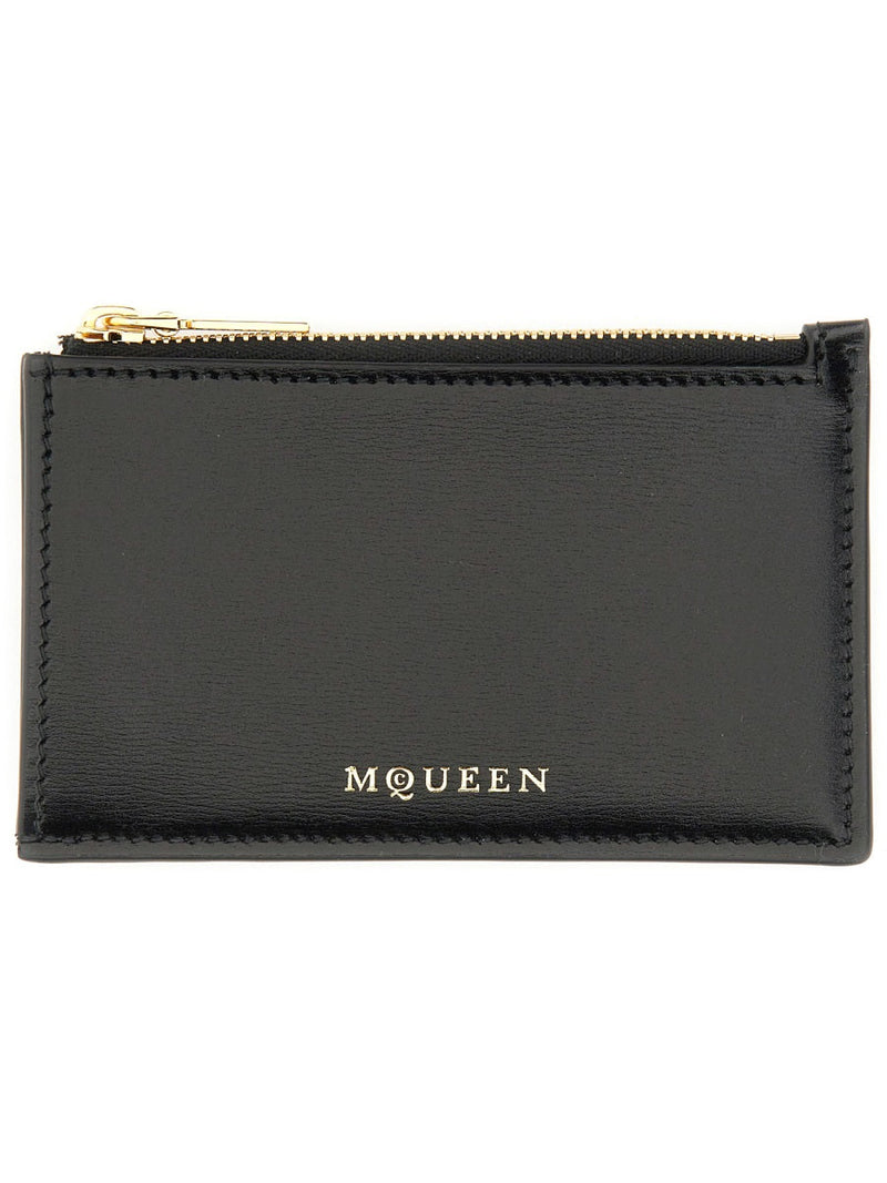 Alexander Mcqueen Zippered Calfskin Card Case — Black Main: Calf Skin Wallets & Purses