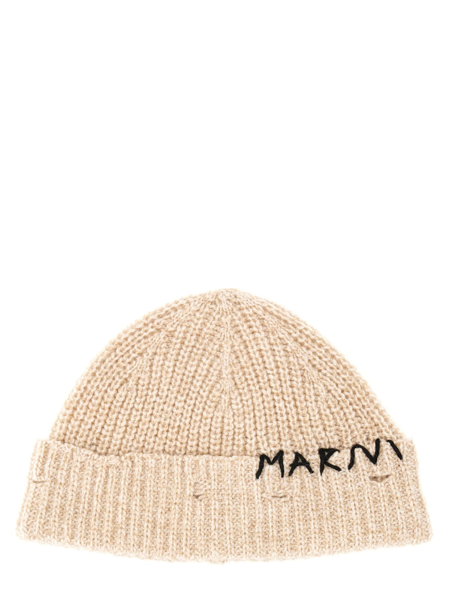 Marni Clmc0173q0_ufh30100w23 Mending Embroidery Beanie — Beige Virgin Wool Knit Beanies