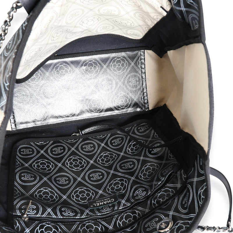 Chanel Black And Beige Coated Canvas Leather Camellia & Cc Print Shopper Tot Beige; Handbag