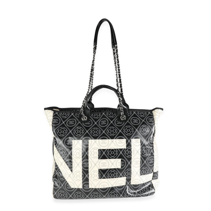 Chanel Black And Beige Coated Canvas Leather Camellia & Cc Print Shopper Tot Beige; Handbag