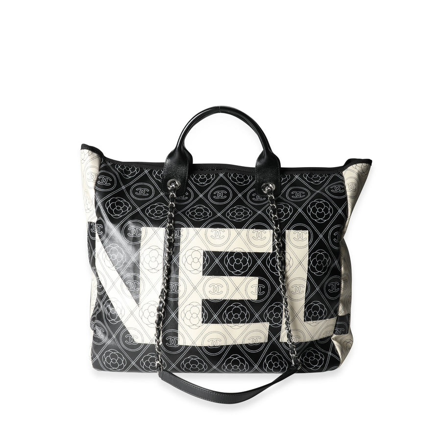 Chanel Black And Beige Coated Canvas Leather Camellia & Cc Print Shopper Tot Beige; Handbag
