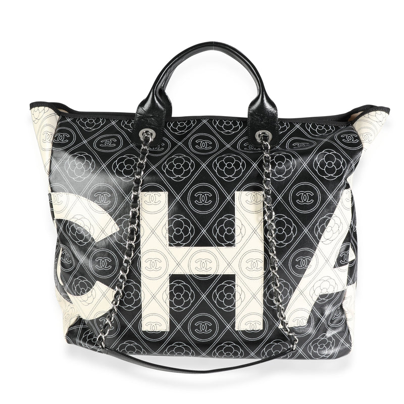 Chanel Black And Beige Coated Canvas Leather Camellia & Cc Print Shopper Tot Beige; Handbag