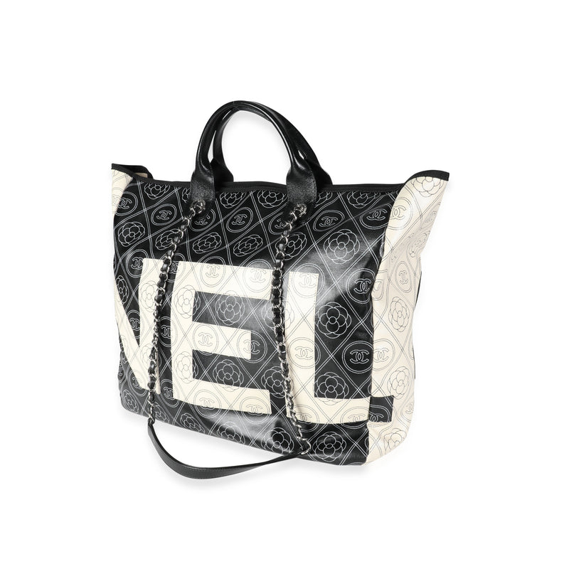 Chanel Black And Beige Coated Canvas Leather Camellia & Cc Print Shopper Tot Beige; Handbag
