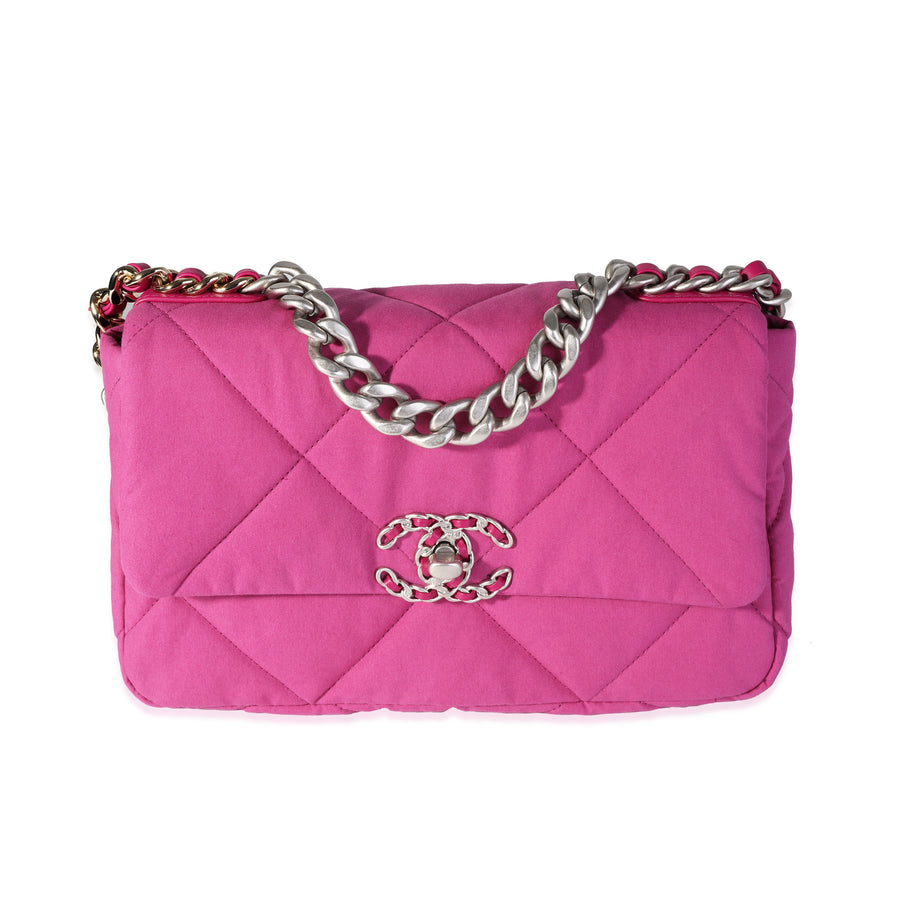 Chanel Fuchsia Quilted Cotton Medium 19 Flap Bag Pink Fabric Handbag
