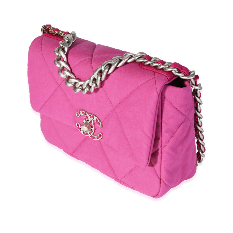Chanel Fuchsia Quilted Cotton Medium 19 Flap Bag Pink Fabric Handbag