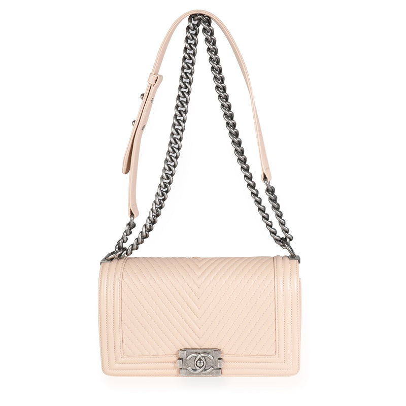 Chanel Light Beige Chevron Quilted Lambskin Medium Boy Bag Leather Handbag