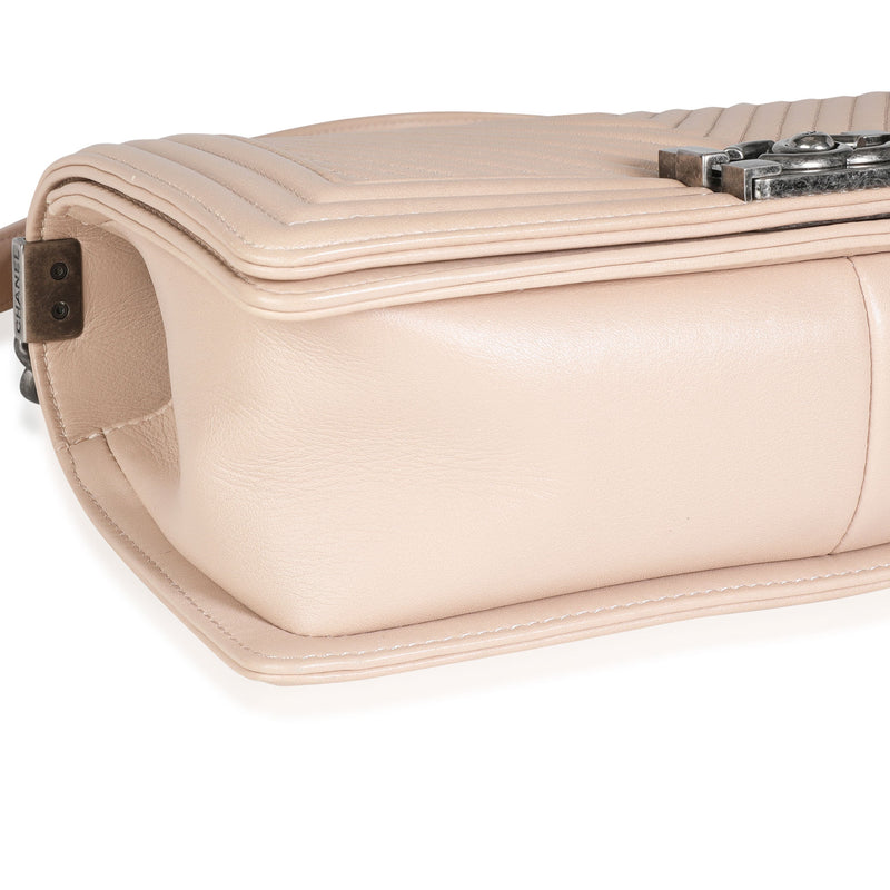Chanel Light Beige Chevron Quilted Lambskin Medium Boy Bag Leather Handbag
