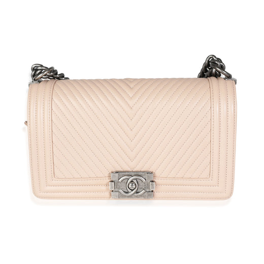 Chanel Light Beige Chevron Quilted Lambskin Medium Boy Bag Leather Handbag