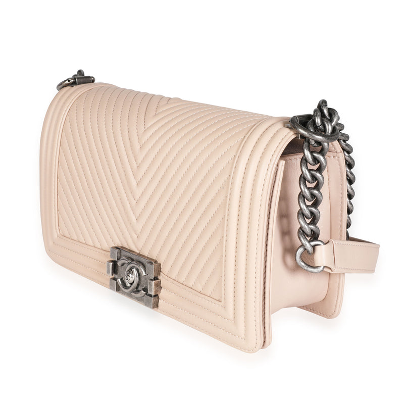 Chanel Light Beige Chevron Quilted Lambskin Medium Boy Bag Leather Handbag