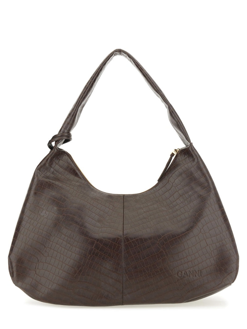 Ganni Crocodile-Textured Hobo Bag — Brown Rec Le