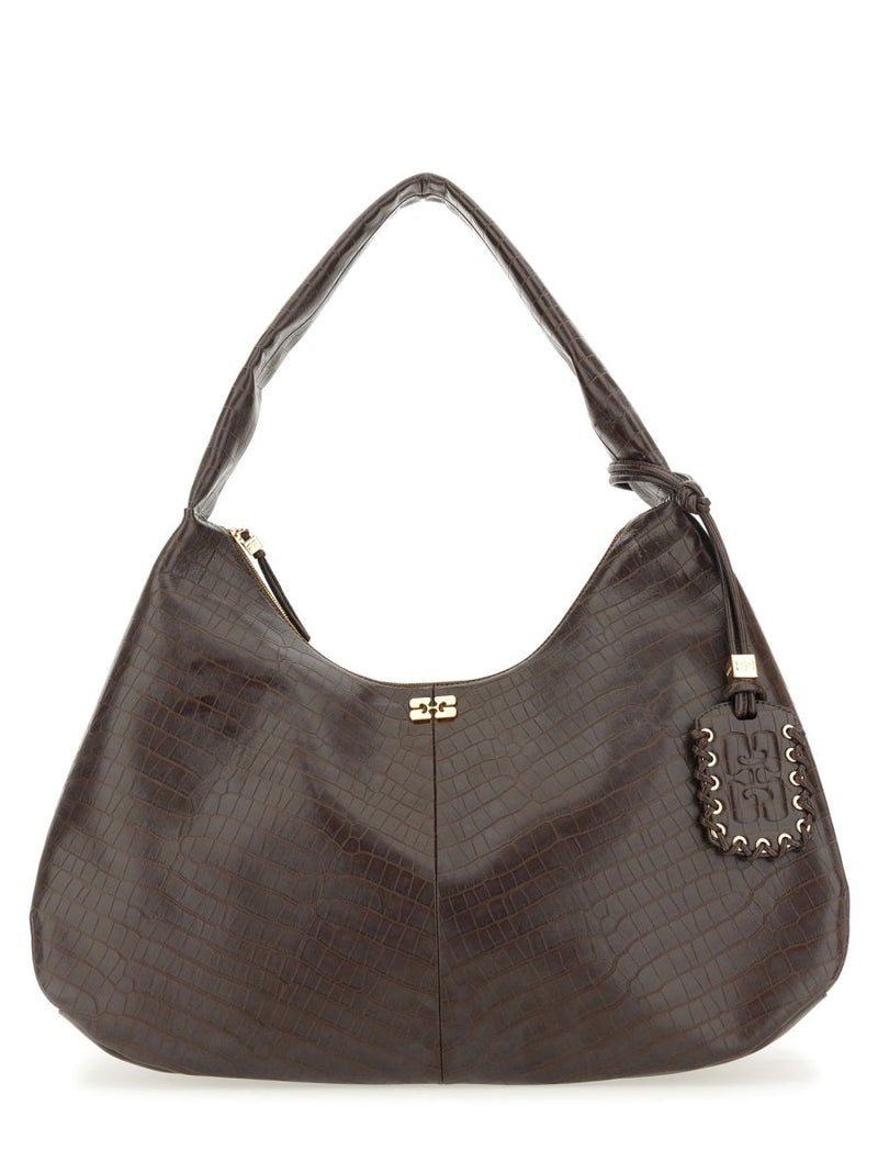 Ganni Crocodile-Textured Hobo Bag — Brown Rec Le