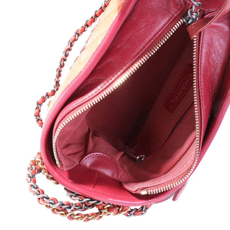Chanel Orange & Red Aged Calfskin Chevron Quilted Small Gabrielle Hobo Orange; Leather Handbag