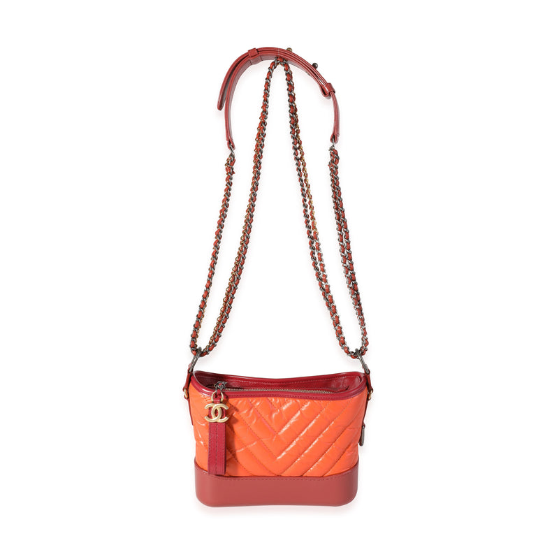 Chanel Orange & Red Aged Calfskin Chevron Quilted Small Gabrielle Hobo Orange; Leather Handbag