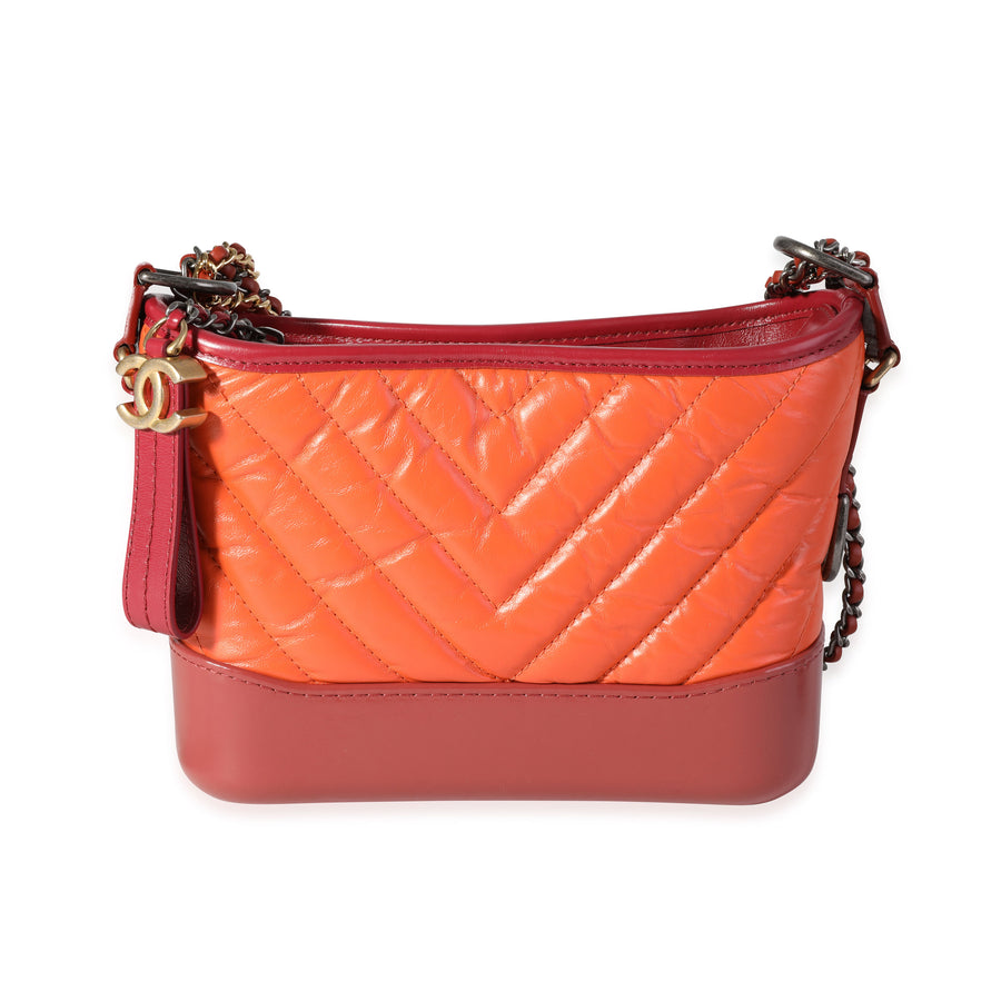 Chanel Orange & Red Aged Calfskin Chevron Quilted Small Gabrielle Hobo Orange; Leather Handbag