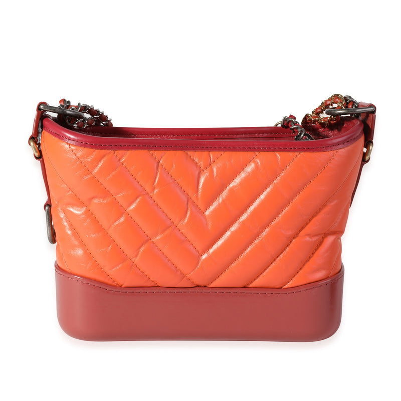 Chanel Orange & Red Aged Calfskin Chevron Quilted Small Gabrielle Hobo Orange; Leather Handbag