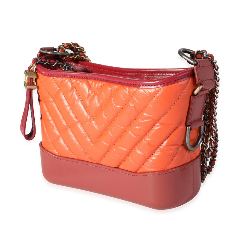 Chanel Orange & Red Aged Calfskin Chevron Quilted Small Gabrielle Hobo Orange; Leather Handbag