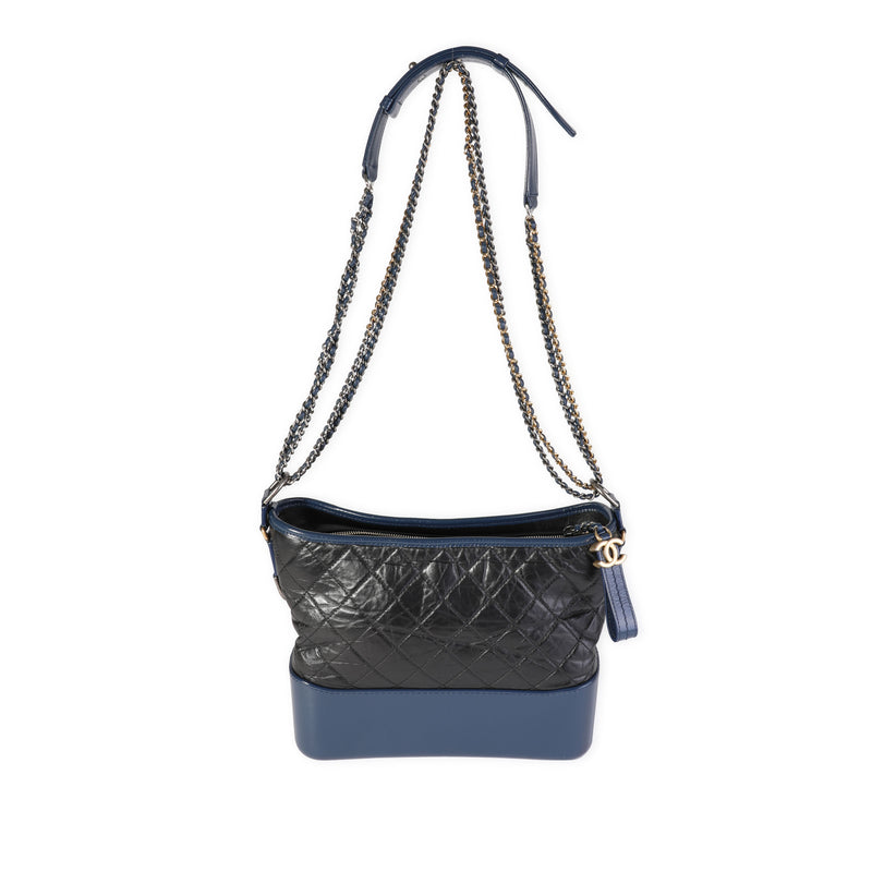 Chanel Black & Blue Quilted Aged Calfskin Large Gabrielle Hobo Black; Leather Handbag