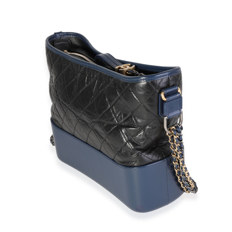 Chanel Black & Blue Quilted Aged Calfskin Large Gabrielle Hobo Black; Leather Handbag