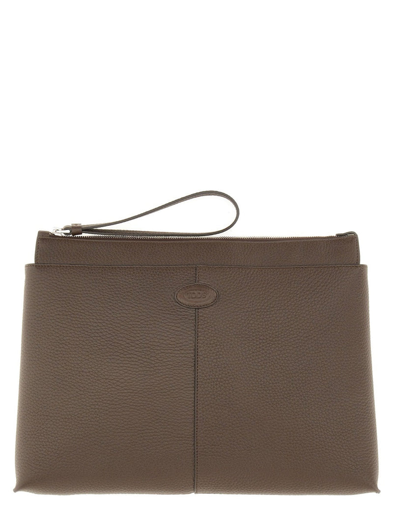 Tods Calfskin Document Holder Shoulder Bag — Brown