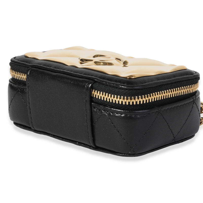 Chanel Gold Quilted Metal & Black Lambskin Mini Vanity Bag Leather Handbag