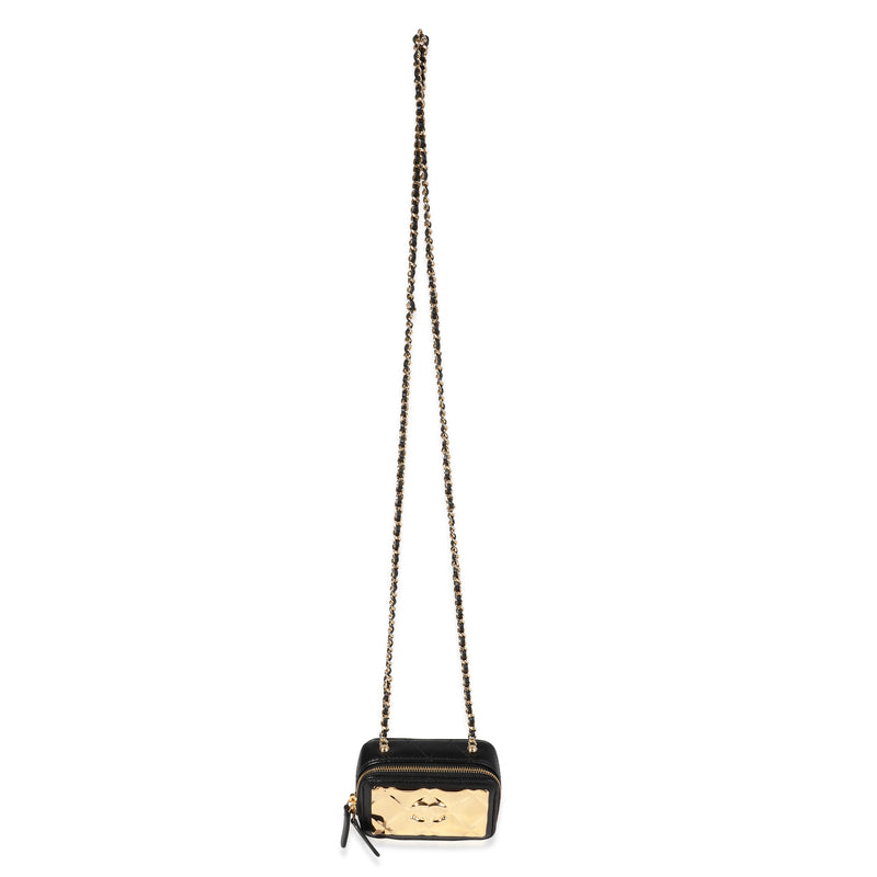 Chanel Gold Quilted Metal & Black Lambskin Mini Vanity Bag Leather Handbag