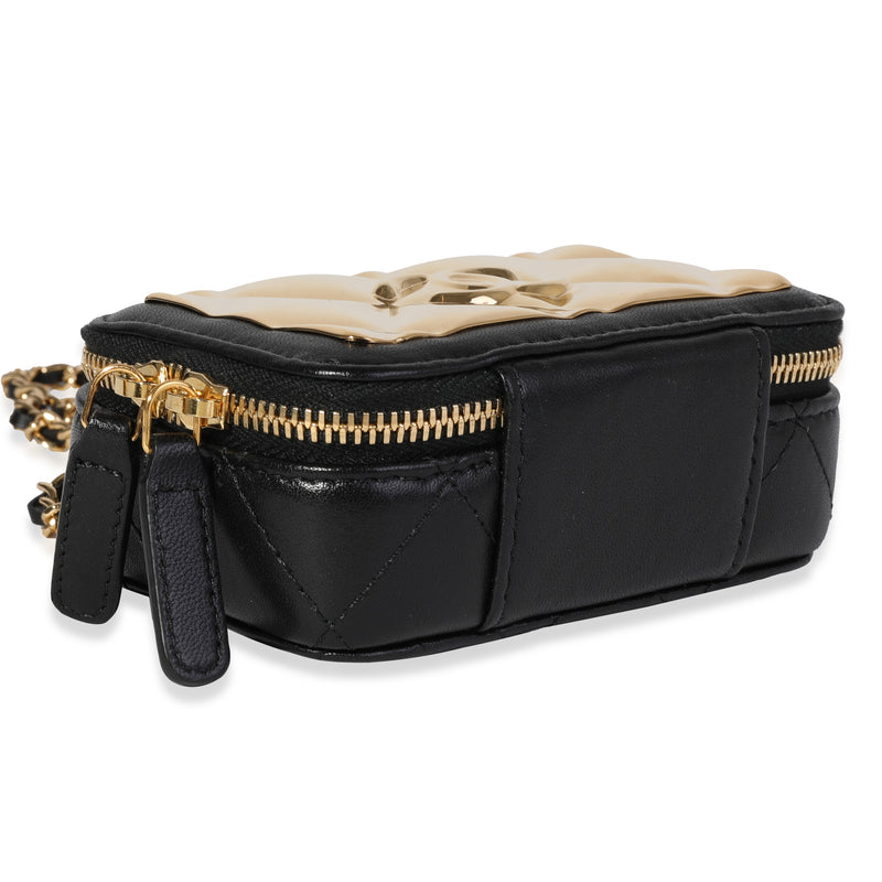 Chanel Gold Quilted Metal & Black Lambskin Mini Vanity Bag Leather Handbag
