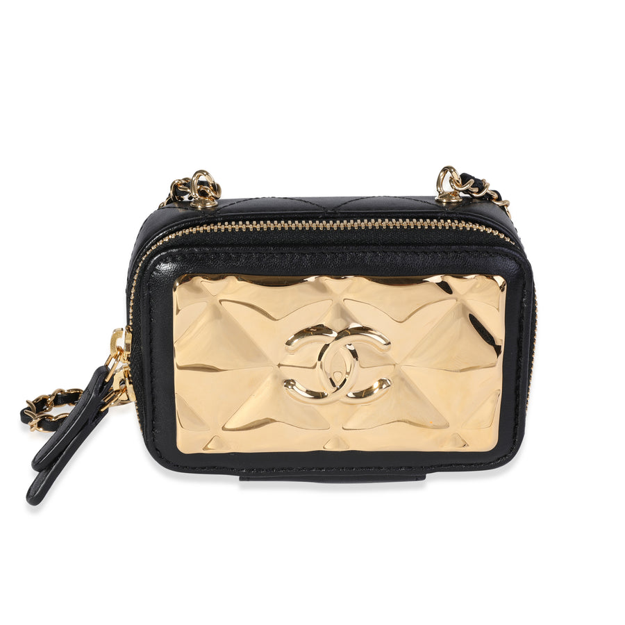 Chanel Gold Quilted Metal & Black Lambskin Mini Vanity Bag Leather Handbag