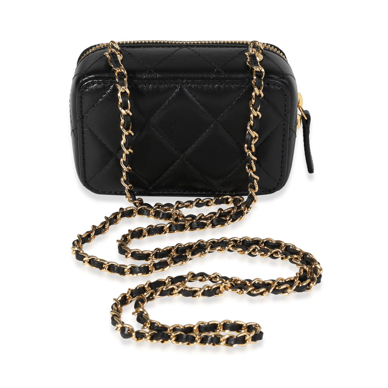 Chanel Gold Quilted Metal & Black Lambskin Mini Vanity Bag Leather Handbag