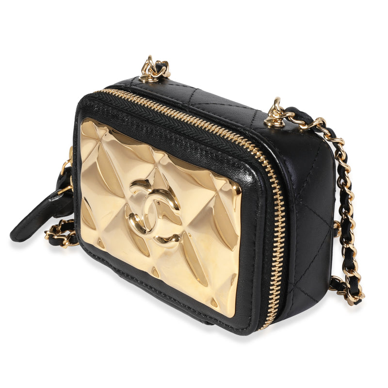 Chanel Gold Quilted Metal & Black Lambskin Mini Vanity Bag Leather Handbag