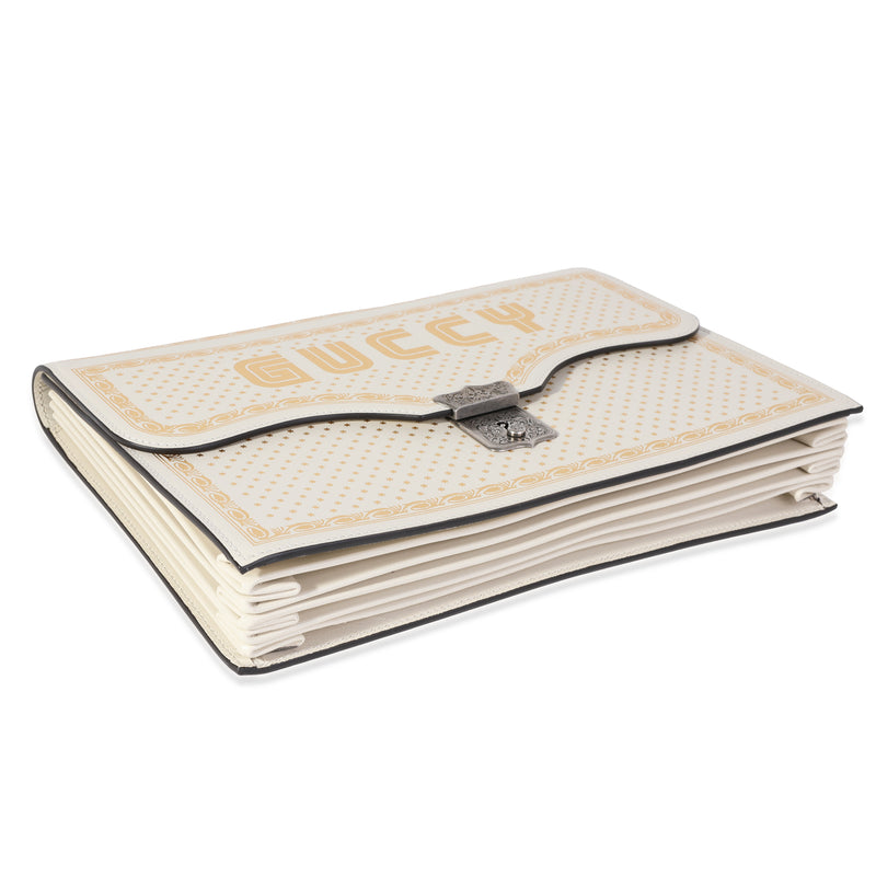 Gucci X Sega Mystic White Star Printed Calfskin Guccy Portfolio Clutch Gold; Metallic; Leather Handbag