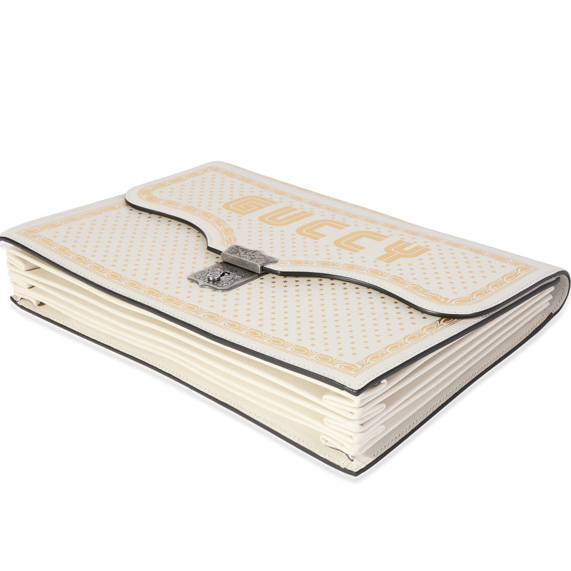 Gucci X Sega Mystic White Star Printed Calfskin Guccy Portfolio Clutch Gold; Metallic; Leather Handbag
