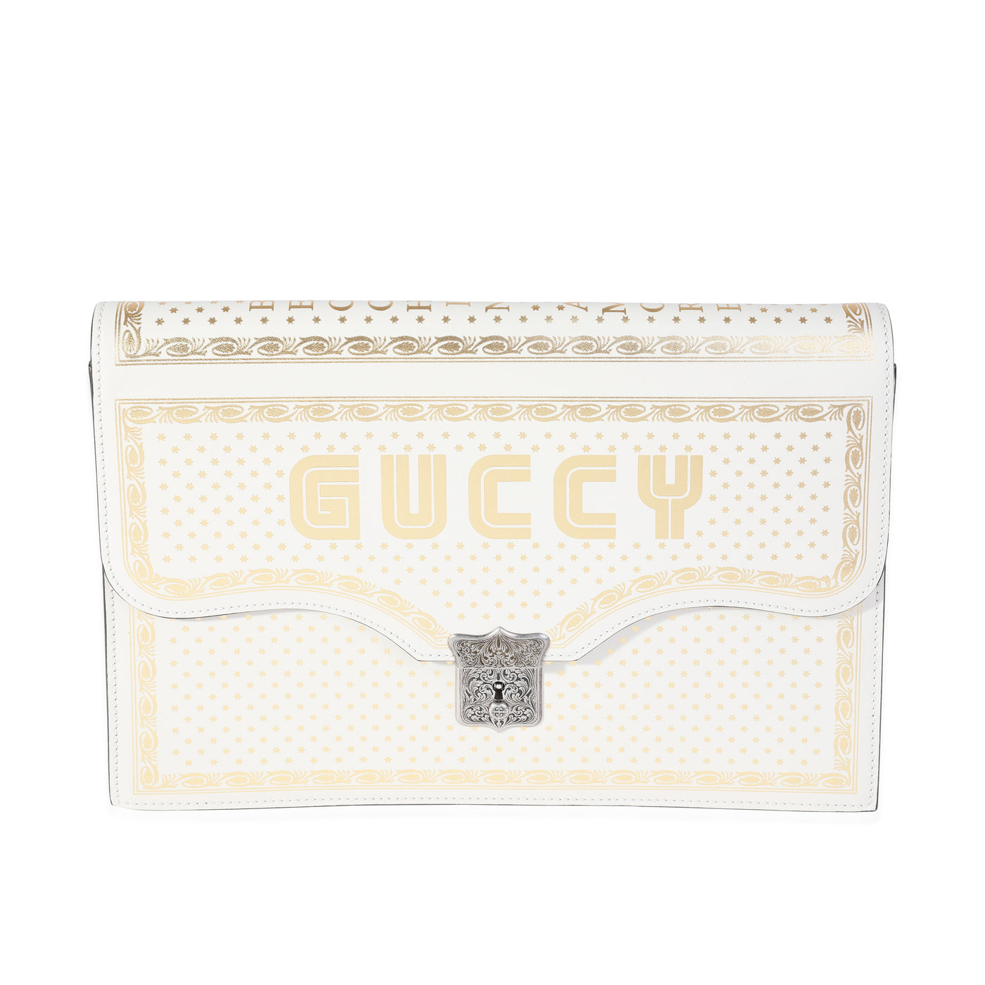 Gucci X Sega Mystic White Star Printed Calfskin Guccy Portfolio Clutch Gold; Metallic; Leather Handbag