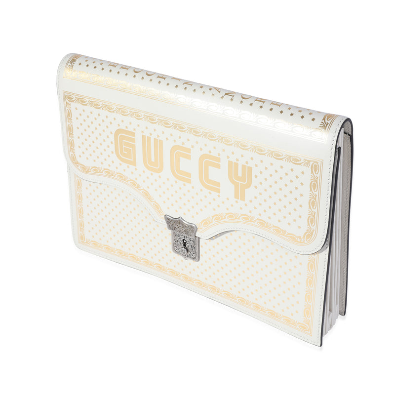 Gucci X Sega Mystic White Star Printed Calfskin Guccy Portfolio Clutch Gold; Metallic; Leather Handbag