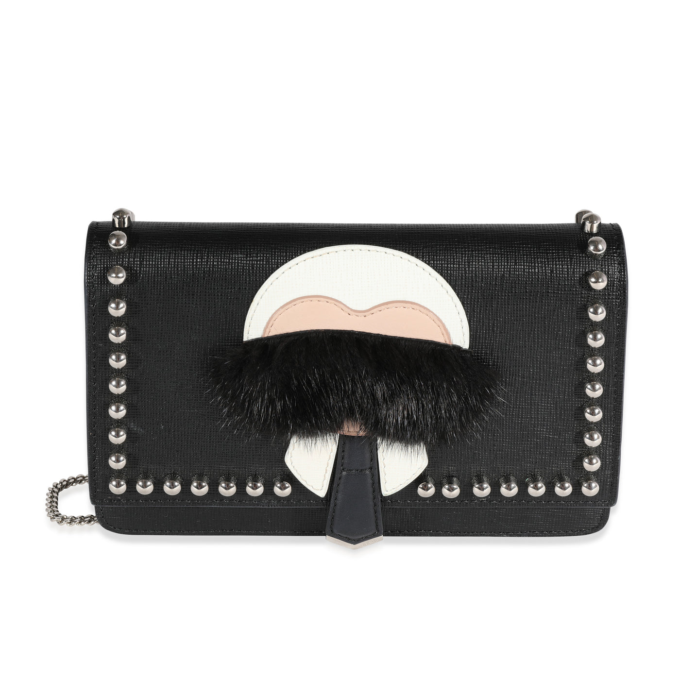 Fendi Black Vitello Elite & Mink Studded Karlito Chain Wallet Fur; Leather Handbag