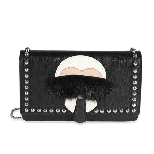 Fendi Black Vitello Elite & Mink Studded Karlito Chain Wallet Fur; Leather Handbag