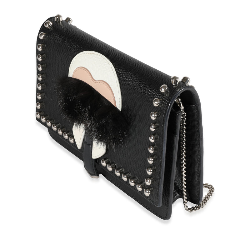 Fendi Black Vitello Elite & Mink Studded Karlito Chain Wallet Fur; Leather Handbag