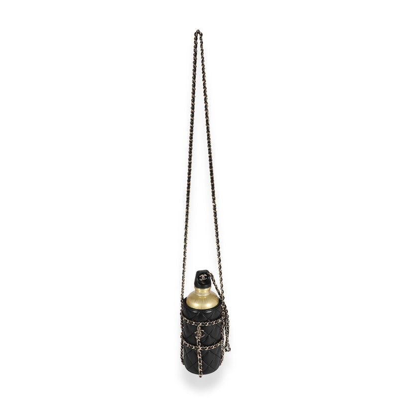 Chanel Gold Metal Water Bottle & Black Quilted Lambskin Holder Black; Leather Handbag